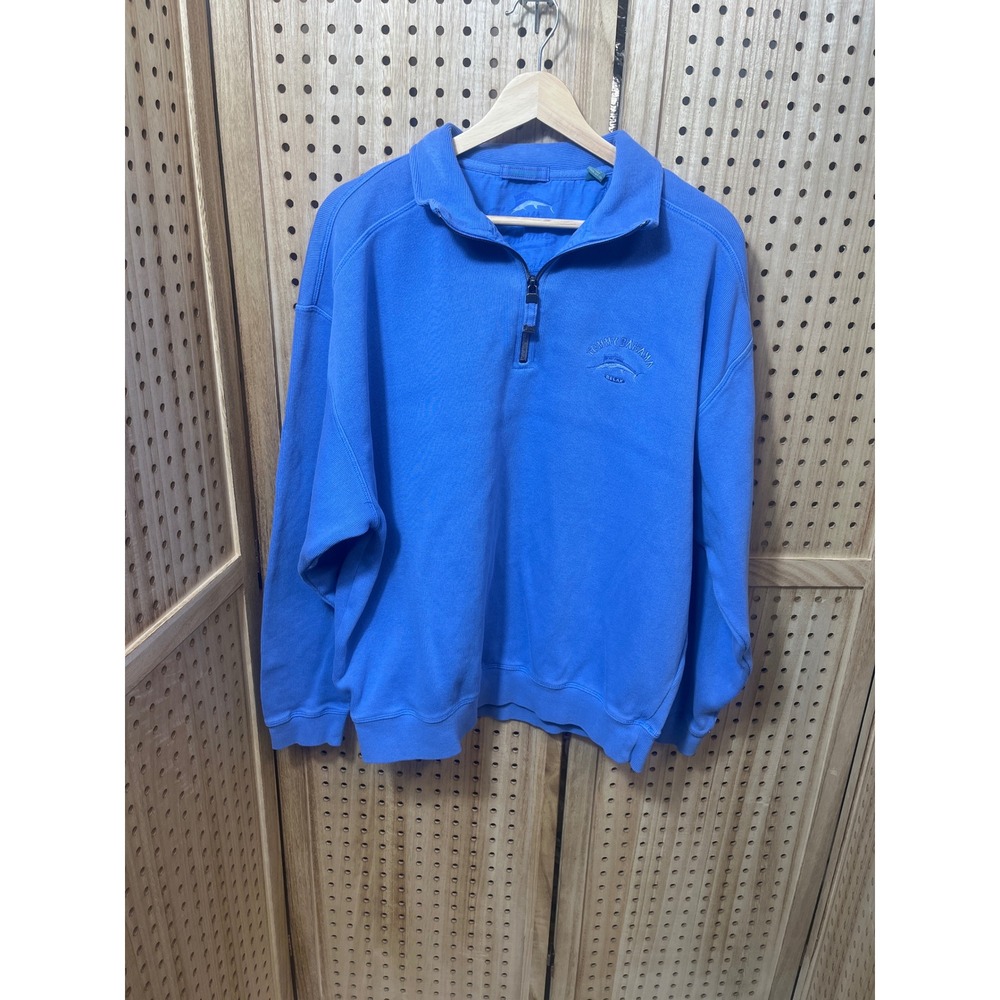 Tommy Bahama Relax Mens Large Blue Quarter Zip Pullover Sweatshirt Cotton Marlin